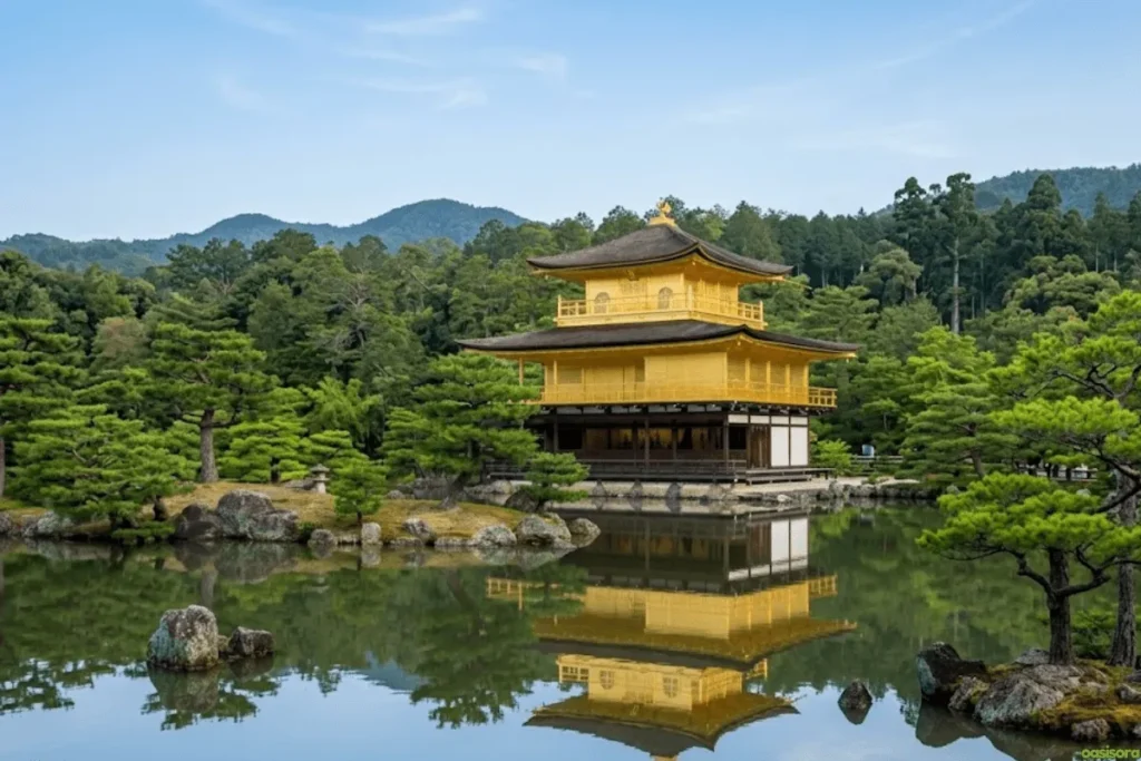 The-Golden-Pavilion-and-gardens-borrow-scenery-from-the-Arashiyama-Mountains