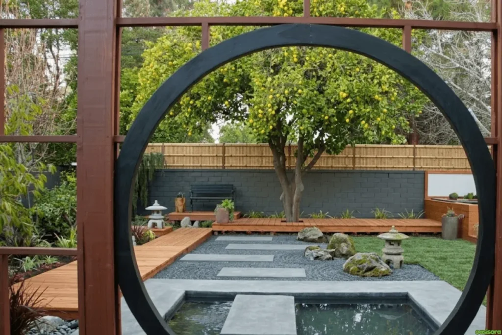 Zen-garden-mix-of-rock-pathways-&-wooden-structure