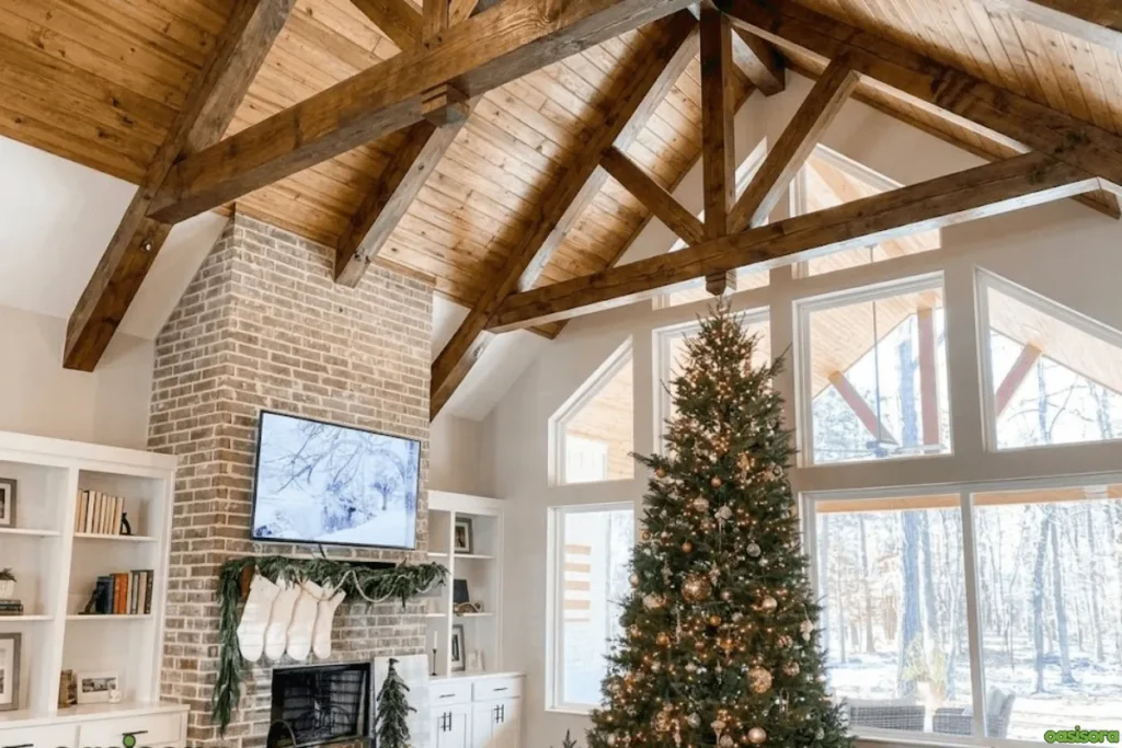Fireplace with Vaulted Ceiling: 25 Stunning Design Ideas 13 Brick-Fireplace-with-Wood-Beam-Vaulted-Ceiling