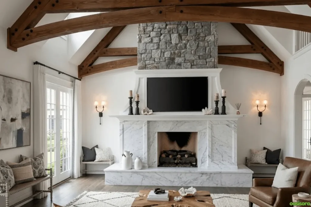 Fireplace with Vaulted Ceiling: 25 Stunning Design Ideas 24 Contemporary-Living-Room-with-Vaulted-Ceiling-and-Marble-Fireplace
