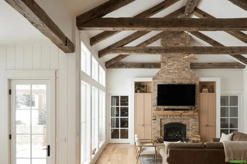 Fireplace with Vaulted Ceiling: 25 Stunning Design Ideas 3 Cozy-Fireplace-with-Vaulted-Ceiling-and-Rustic-Beams