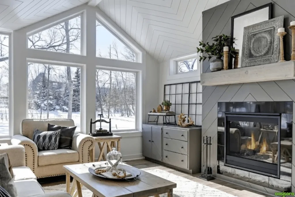 Fireplace with Vaulted Ceiling: 25 Stunning Design Ideas 2 Fireplace-with-Vaulted-Ceiling-and-Chevron-Shiplap
