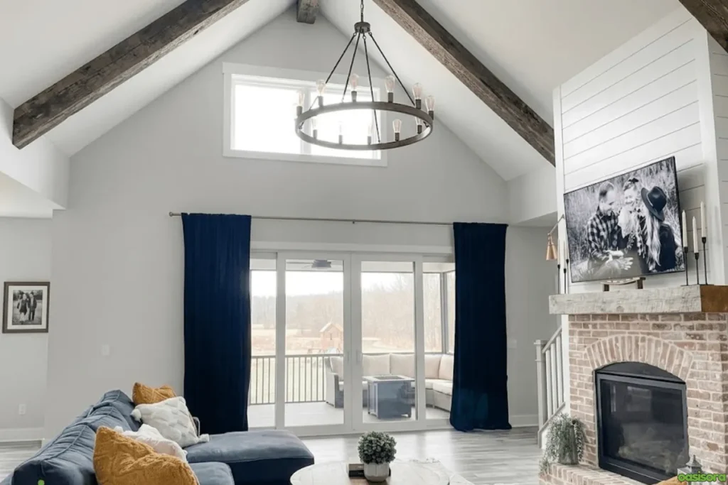Fireplace with Vaulted Ceiling: 25 Stunning Design Ideas 7 Living-Room-with-Brick-and-Shiplap-Fireplace-under-Vaulted-Ceilings