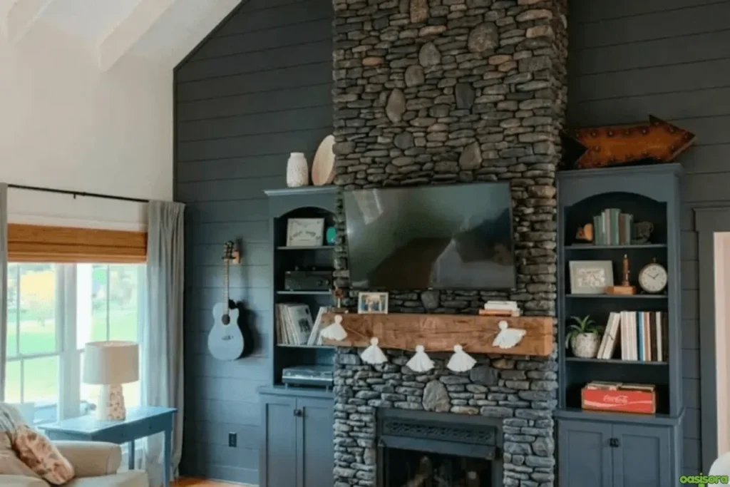 Fireplace with Vaulted Ceiling: 25 Stunning Design Ideas 10 Shiplap-Living-Room-with-Stone-Fireplace