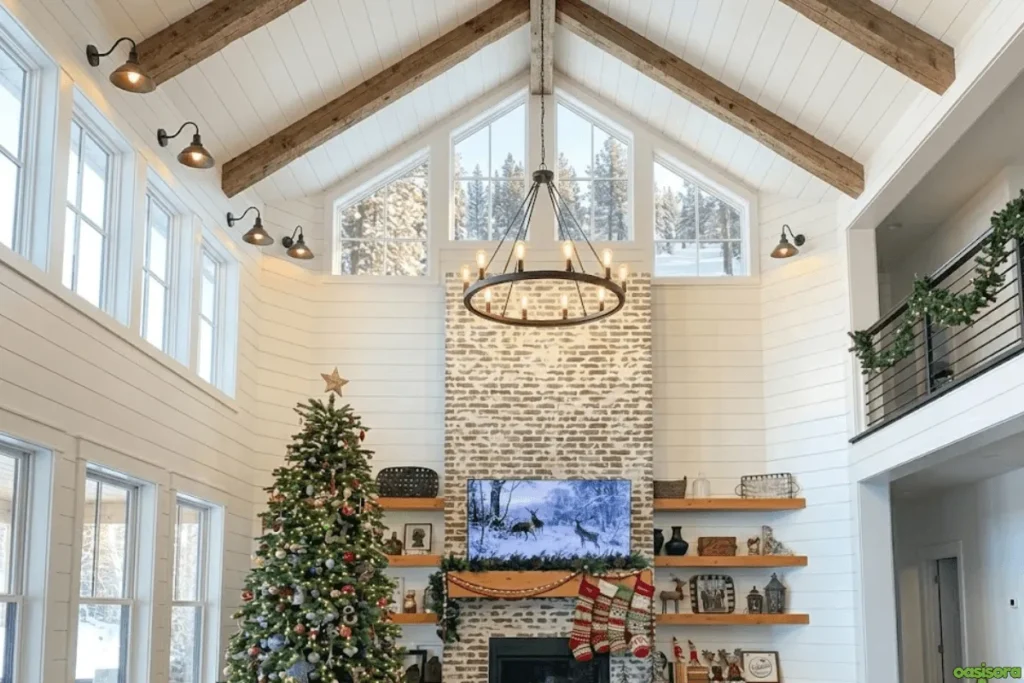 Fireplace with Vaulted Ceiling: 25 Stunning Design Ideas 5 Shiplap-Vaulted-Ceiling-with-Brick-Fireplace