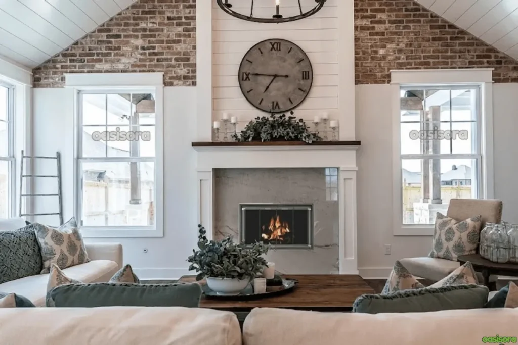 Fireplace with Vaulted Ceiling: 25 Stunning Design Ideas 14 Soaring-Shiplap-Vaulted-Ceiling-with-Brick-Fireplace