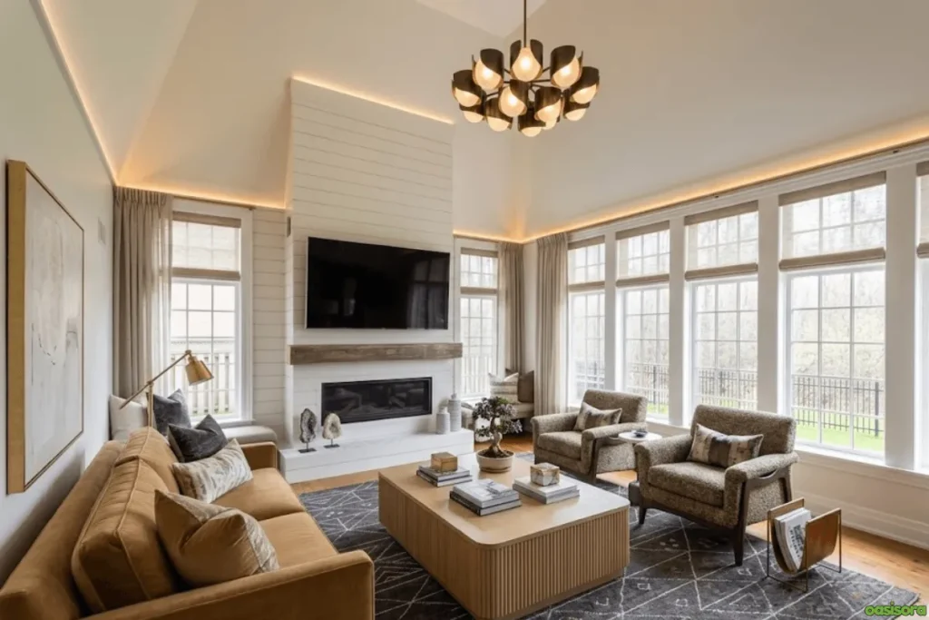 Fireplace with Vaulted Ceiling: 25 Stunning Design Ideas 20 Vaulted-Ceiling-Illuminated-by-Windows-with-Fireplace