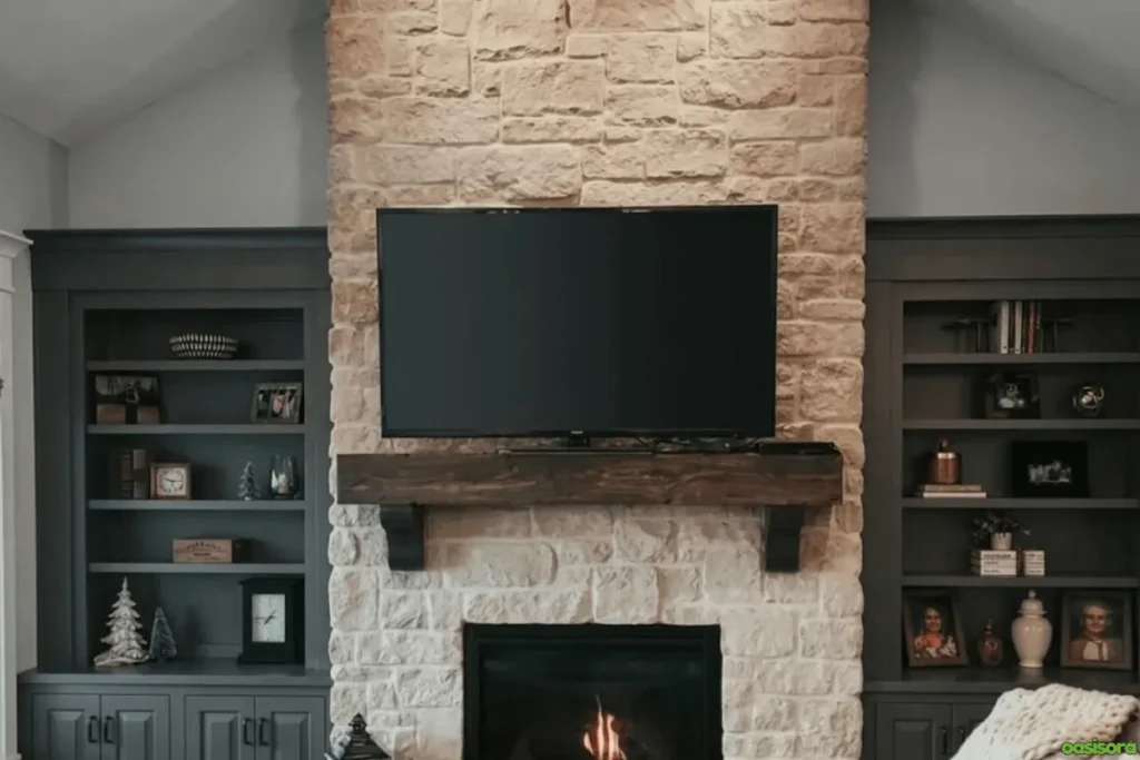 Fireplace with Vaulted Ceiling: 25 Stunning Design Ideas 11 Vaulted-Ceiling-and-Stone-Fireplace-Living-Room
