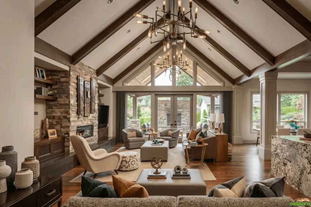 Fireplace with Vaulted Ceiling: 25 Stunning Design Ideas 23 Vaulted-Ceiling-with-Fireplace-and-Industrial-Lighting
