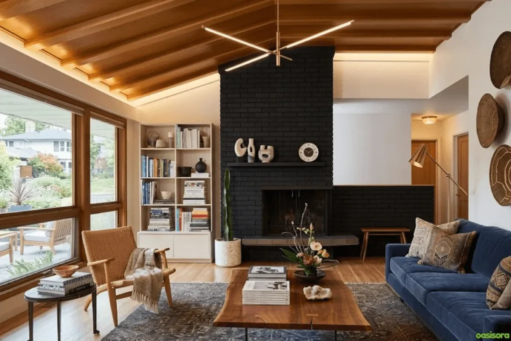 Fireplace with Vaulted Ceiling: 25 Stunning Design Ideas 25 Vaulted-Ceiling-with-Fireplace-and-Mid-Century-Modern-Design