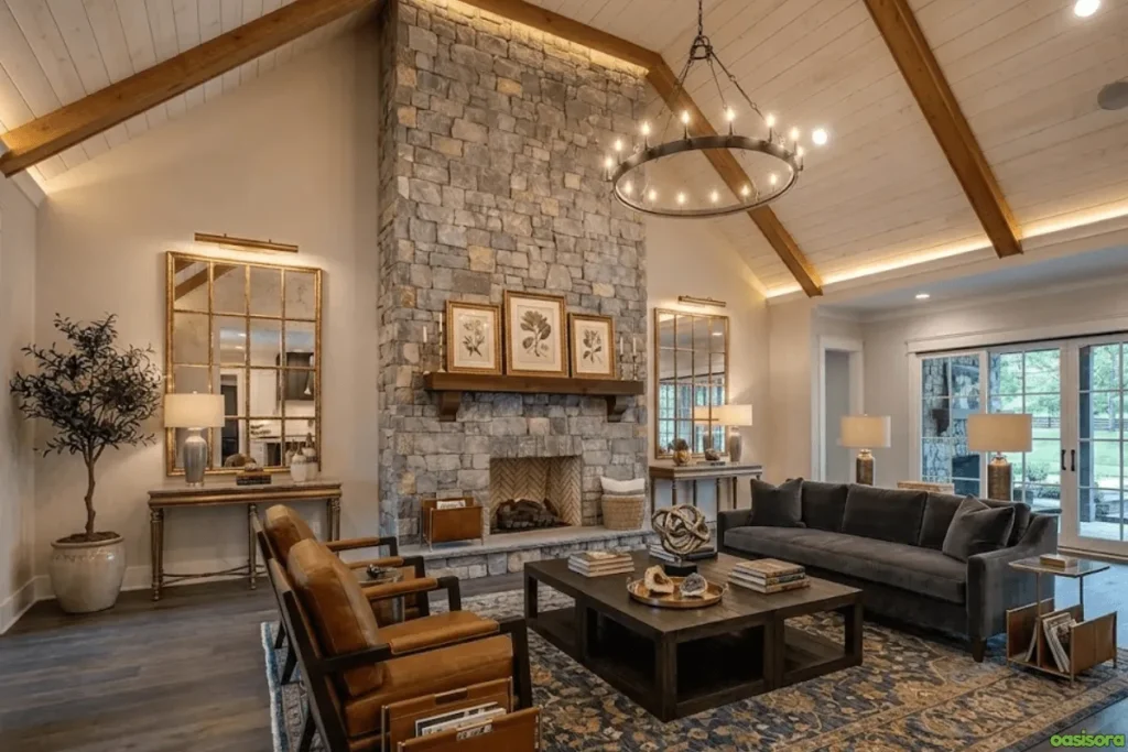 Fireplace with Vaulted Ceiling: 25 Stunning Design Ideas 19 Vaulted-Ceiling-with-Fireplace-and-Natural-Stone-Accents