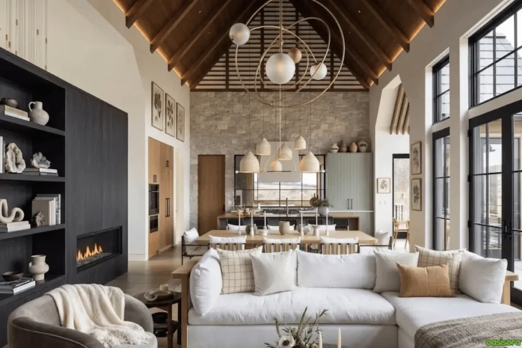 Fireplace with Vaulted Ceiling: 25 Stunning Design Ideas 26 Vaulted-Ceiling-with-Fireplace-and-Statement-Lighting-Fixture