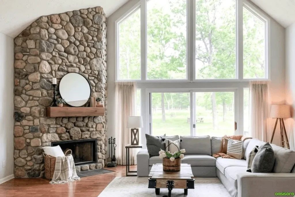 Fireplace with Vaulted Ceiling: 25 Stunning Design Ideas 8 Vaulted-Ceiling-with-Stone-Fireplace-and-Large-Windows