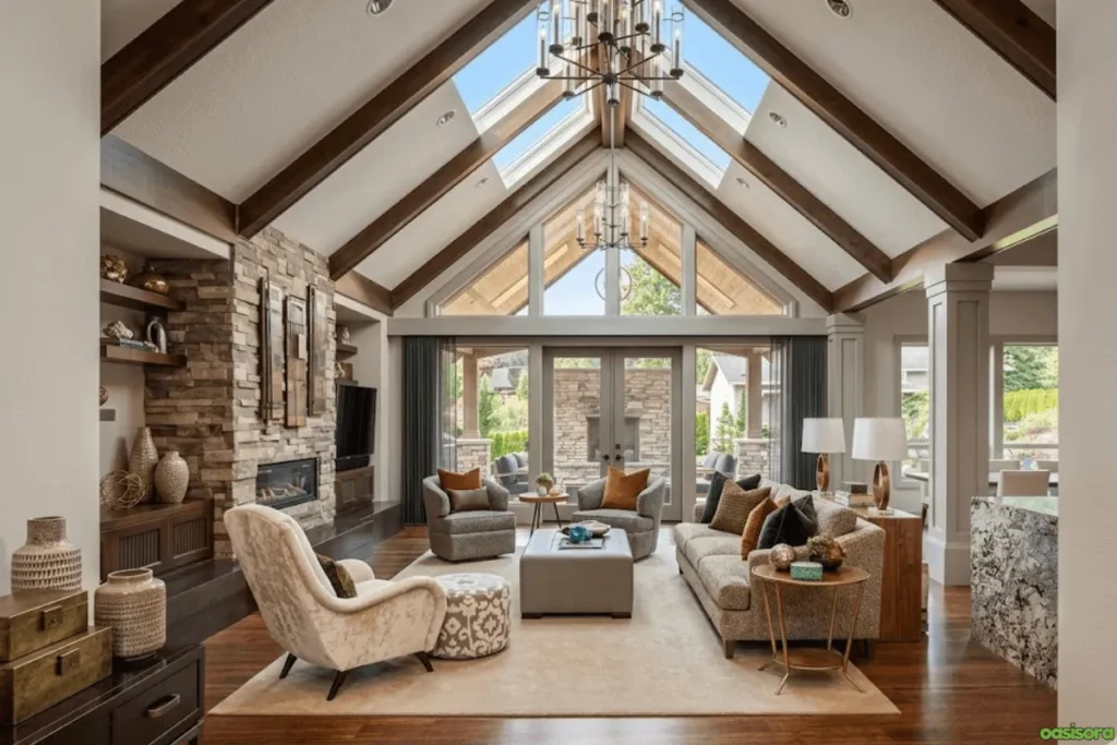 Fireplace with Vaulted Ceiling: 25 Stunning Design Ideas 16 Vaulted-Ceiling-with-Wood-Beams-and-Skylights
